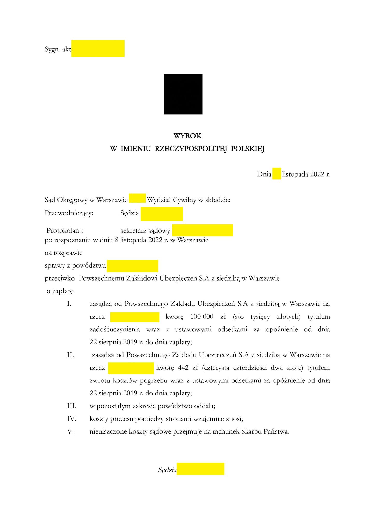 Wyrok sądu - ponad 331 000 zł dla poszkodowanego