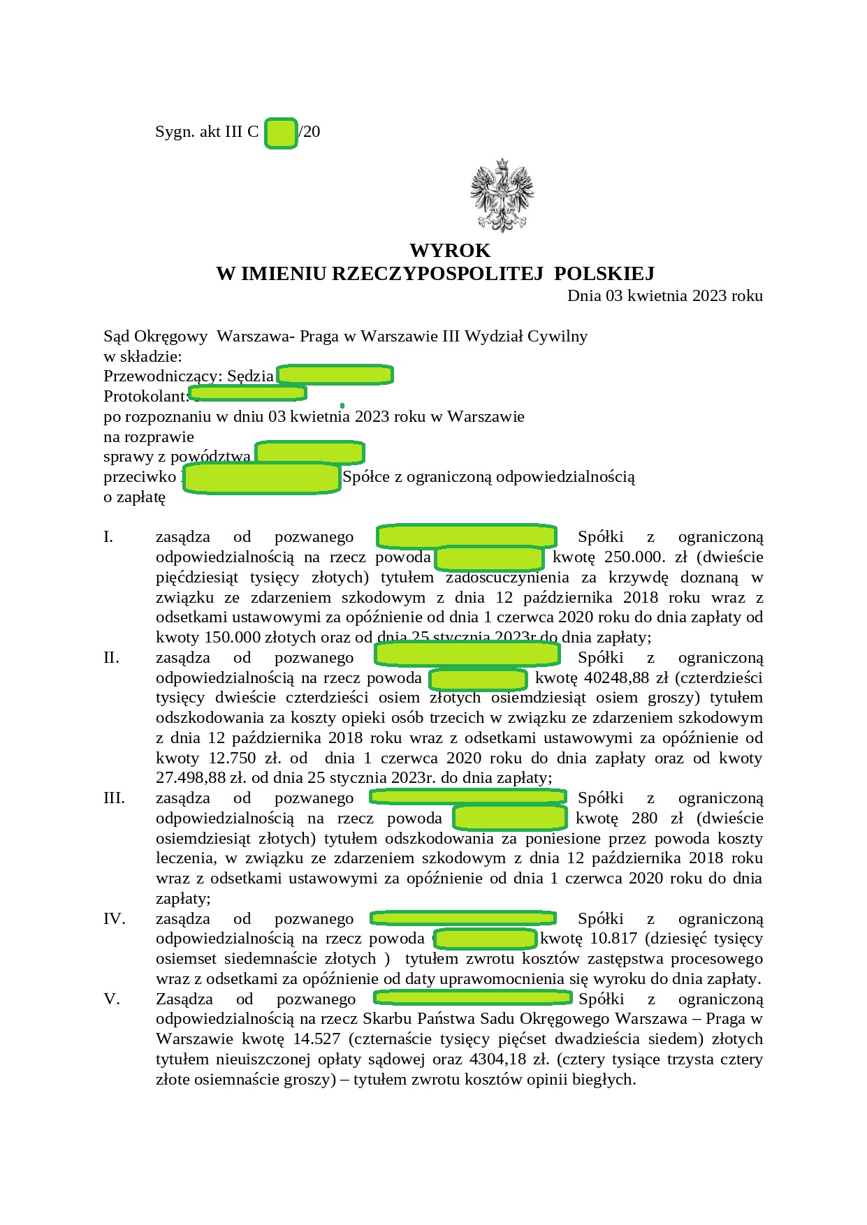 Wyrok sądu - 100 000 zł zadośćuczynienia