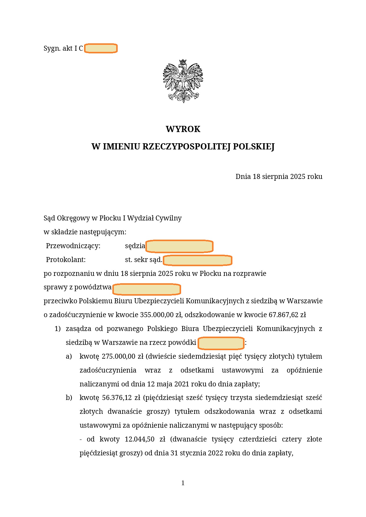 Wyrok sądu - ponad 290 000 zł dla poszkodowanego